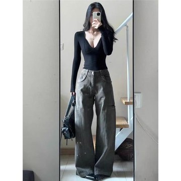 辣妹黑色V領打底衫女秋冬內搭修身顯瘦歐美性感純欲低領長袖上衣