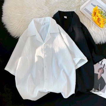 褶皺冰絲襯衫男士短袖日系寬版古巴領襯衣夏季潮流男裝上衣【聚物優品】