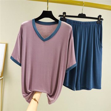 短袖短褲睡衣夏季薄款加肥加大V領男士莫代爾套裝外穿寬松家居服