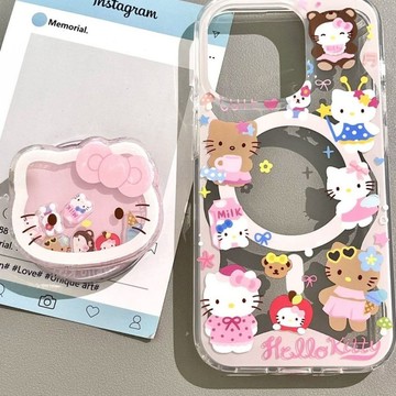 kitty手機殼🎀 海濱玩耍kt貓磁吸支架適用iphone16手機殼15promax/14plus手機殼 貓咪手機殼