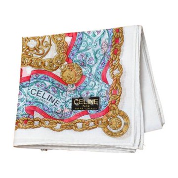 CELINE 彩繡紋理華麗邊飾字母LOGO帕領巾(白底/金鍊/48CM)