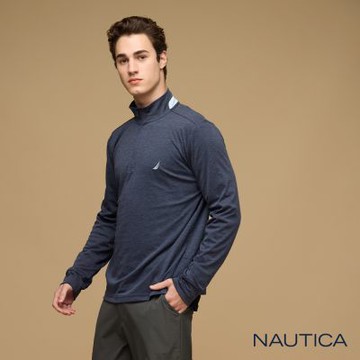 Nautica男裝 高領跳色拼接長袖POLO衫-深藍色