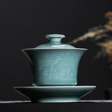 青瓷蓋碗茶杯大號龍泉手工刻花陶瓷單個泡茶功夫茶具復古手抓家用