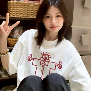 新款爆款小眾超火簡約風白色T恤短袖寬鬆百搭純棉女生上衣 印花寬鬆情侶短袖T 上衣女 美式t  韓版T 大學T