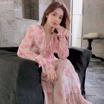 溫柔風2022早春御姐碎花氣質茶歇連衣裙法式粉色新款初戀仙女女裝