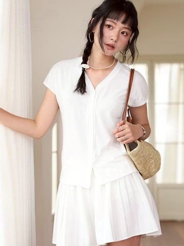 KPUWARM - 天絲亞麻顯瘦V領法式袖上衣-珍珠白