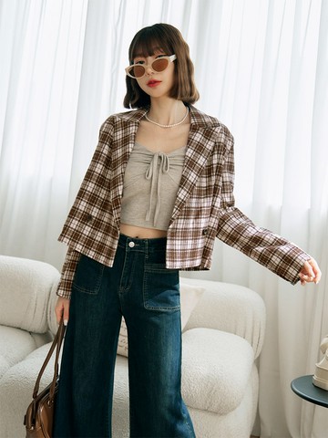 復古格紋毛呢短版西裝外套