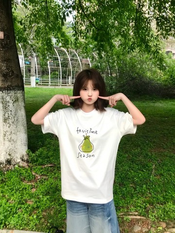 水果青梨短袖T恤生夏季簡約純棉寬鬆休閒百搭透氣小眾半袖女生上衣 印花寬鬆情侶短袖T 上衣女 美式t  韓版T 大學T