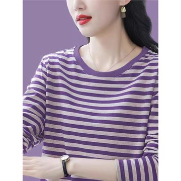 純棉長袖t恤女新款初春上衣中年秋衣寬松大碼條紋女士打底衫外穿
