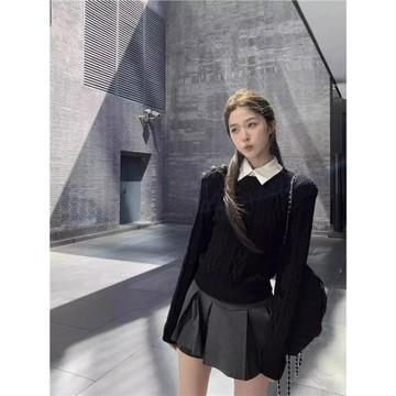 韓系假兩件襯衫領毛衣女秋冬小個子黑色慵懶高級感針織衫短款上衣