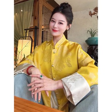 新中式國風黃色提花宋錦外套女2025秋季新款高級感獨特超好看上衣