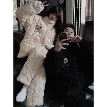 三層夾棉情侶睡衣女秋冬季長袖加絨加厚拉鏈保暖法蘭絨家居服套裝