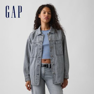 【GAP】寬版牛仔襯衫外套-灰色水洗(911359)