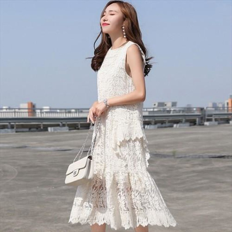 【新品未使用】タグ付きレースのノースリーブ Aラインワンピース ノースリーブAラインワンピース 春夏 SS[品番：ORGW0000334