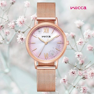 CITIZEN 星辰 Wicca 公主系列 太陽能水晶鑲嵌米蘭帶淑女腕錶-玫瑰金30.2mm(KP5-166-97)