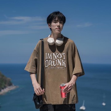 水洗做舊短袖t恤男夏季美式復古圓領半袖上衣寬松休閑印花體恤潮