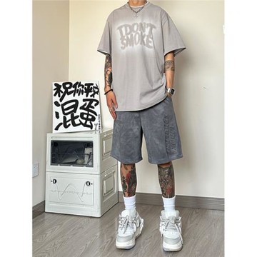 短褲男夏季薄款美式復古潮牌運動休閑衛褲重磅麂皮絨鋼印五分褲子