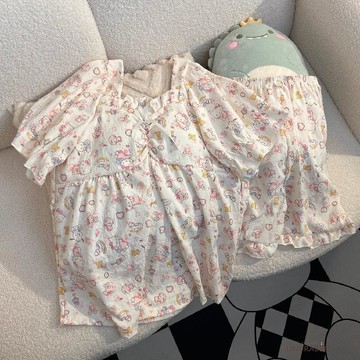 雲朵棉紗感櫻花KT貓睡衣女帶胸墊夏季短袖短褲可愛方領家居服套裝休閒睡衣女生睡衣甜美睡衣夏天睡衣大碼睡衣