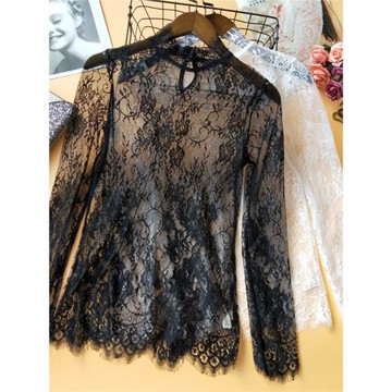 大碼黑色蕾絲打底衫女春秋洋氣透視紗衣內搭長袖高領鏤空網紗上衣