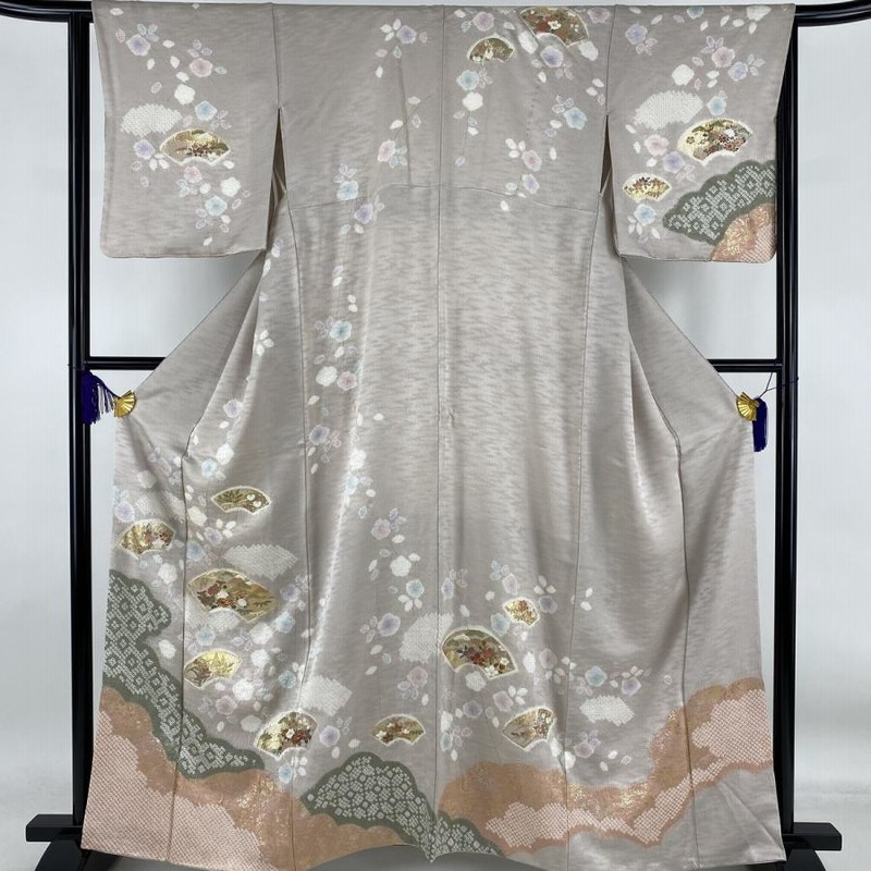 訪問着 秀品 扇面 草花 絞り 金銀彩 薄小豆 袷 163cm 63cm S 正絹 中古 
