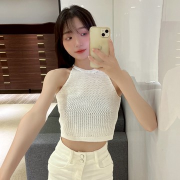 美背削肩綁帶上衣【96622】Sandy33實拍春夏新款韓系INS休閒百搭氣質露肩無袖掛脖繞頸針織短版背心小背心