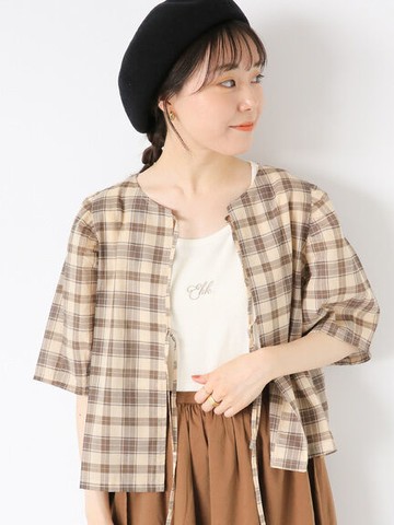 配色格紋圖案雙蝴蝶結蓬袖襯衫(FF33L0A0480) - ehka sopo