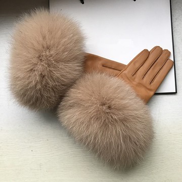 現貨+預購 真皮手套保暖手套-駝色羊皮狐狸毛加絨女手套74by17【獨家進口】【米蘭精品】