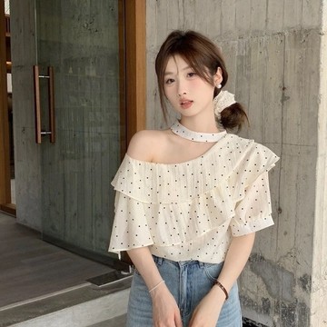 FUXI 露肩襯衫女 波點荷葉邊掛脖襯衫 韓版甜美氣質簡約上衣 雪紡衫 露肩上衣  寬鬆顯瘦上衣 女裝 衣服