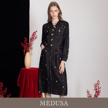 現貨【MEDUSA 曼度莎】法式小狗刺繡牛仔長洋裝（M-XL）｜牛仔洋裝 休閒洋裝 長洋裝