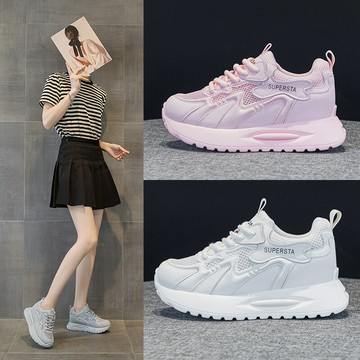 5556-3真皮網鞋2025年春夏新款松糕厚底內增高運動休閑鞋