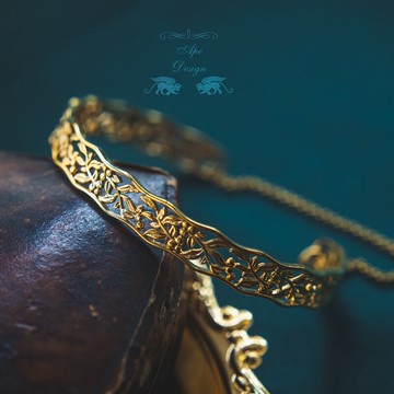 紅豆杉手鐲女柳白猿手作金色花紋鏤空復古包金不褪色開口可調節