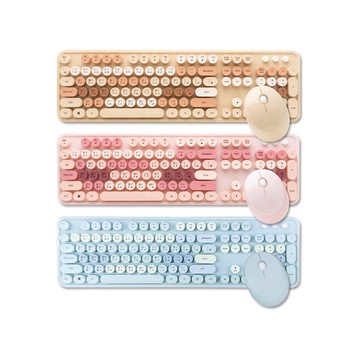 【獨家組合】 D300復古無線鍵鼠組+M-99 XL時尚皮質滑鼠墊 鍵鼠組 汽水藍+ 滑鼠墊 粉