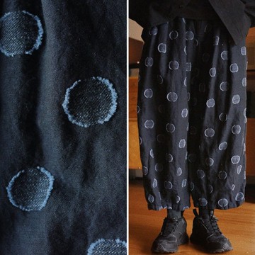 藏青色 立體絨毛波點亞麻 中性百搭寬褲 鬆緊腰圍 大廓形燈籠褲