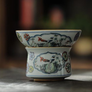 景德鎮青花斗彩球開窗復古茶慮瓷孔茶隔分茶器全瓷過濾組茶道零配