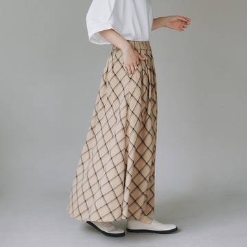 格紋鬆緊A字長裙 卡其F
