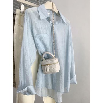 法式藍色冰絲防曬襯衫女小個子夏季長袖襯衣外搭開衫寬松薄款上衣