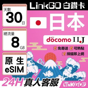 LINKGO白鑽卡 日本原生 eSIM卡 30天上網卡  總流量8GB 高速流量(日本網卡 東京 大阪 福岡 北海道 沖繩)