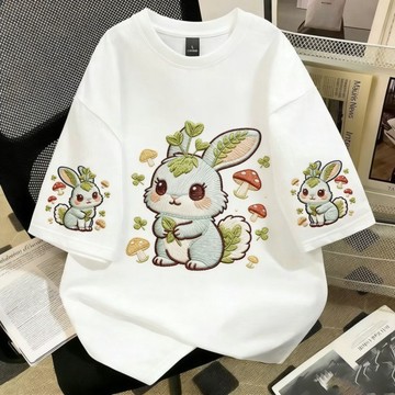 【Plump】100kg內可穿 大尺碼女裝 夏裝 純棉短袖T卹 仿刺繡 寬鬆 百搭上衣 休閒卡通印花上衣 女生上衣
