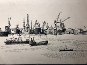 帶有乾船塢的港口，工業海洋景觀，紙上墨水筆，牆壁藝術