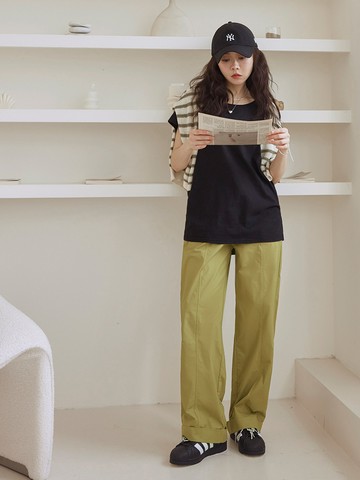 純棉反摺褲管直筒寬褲