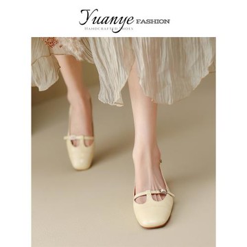 原野時尚包頭溫柔粗跟一字帶真皮涼鞋子女后空單鞋2023年夏季新款