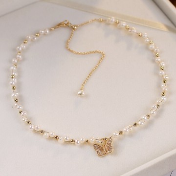 巴洛克輕奢天然淡水珍珠項鏈甜美仙女款蝴蝶choker頸鏈簡約鎖骨鏈