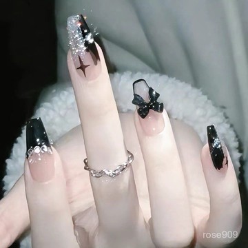 ➕最新設計款穿戴甲💅手工穿戴甲氛圍感氣質黑色塗鴉立體法式蝴蝶結甲片高級感美甲貼片短款穿戴甲 UGAI