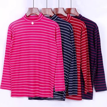 女中高領春秋內衣超薄款橫條紋秋衣單件柔軟舒適超彈力中老年上衣