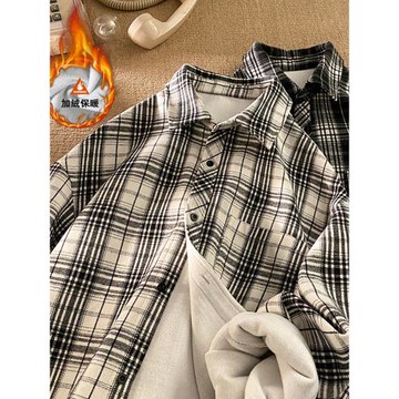 美式黑白格子長袖襯衫男女同款秋冬季加絨高級感學院風襯衣外套潮