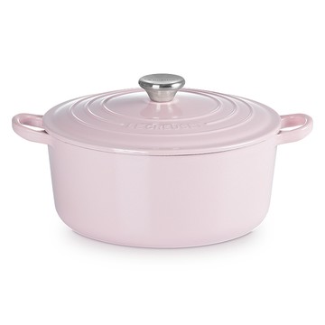 LE CREUSET 琺瑯鑄鐵鍋圓鍋 24cm (雪紡粉-鋼頭-內鍋白)