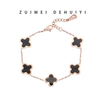 韓版黑色四葉草手鏈女款高級輕奢小眾設計玫瑰金色鈦鋼手飾品學生