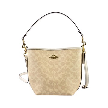 COACH CITY系列淺杏色C Logo PVC白邊肩背/斜背兩用水桶包