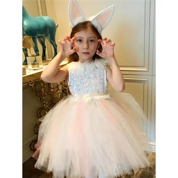 兒童白色狐貍演出服女童白狐禮服公主表演夏季舞臺服兔子生日服裝