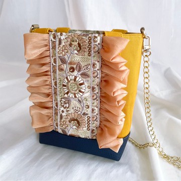 印度刺繡/花邊小托特包~黃